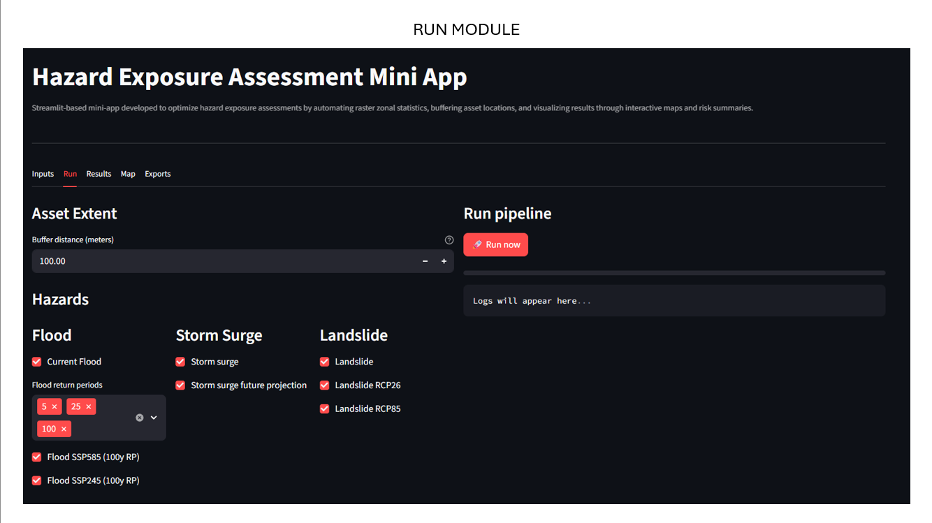 Dashboard Run module: spatial overlay execution and progress view