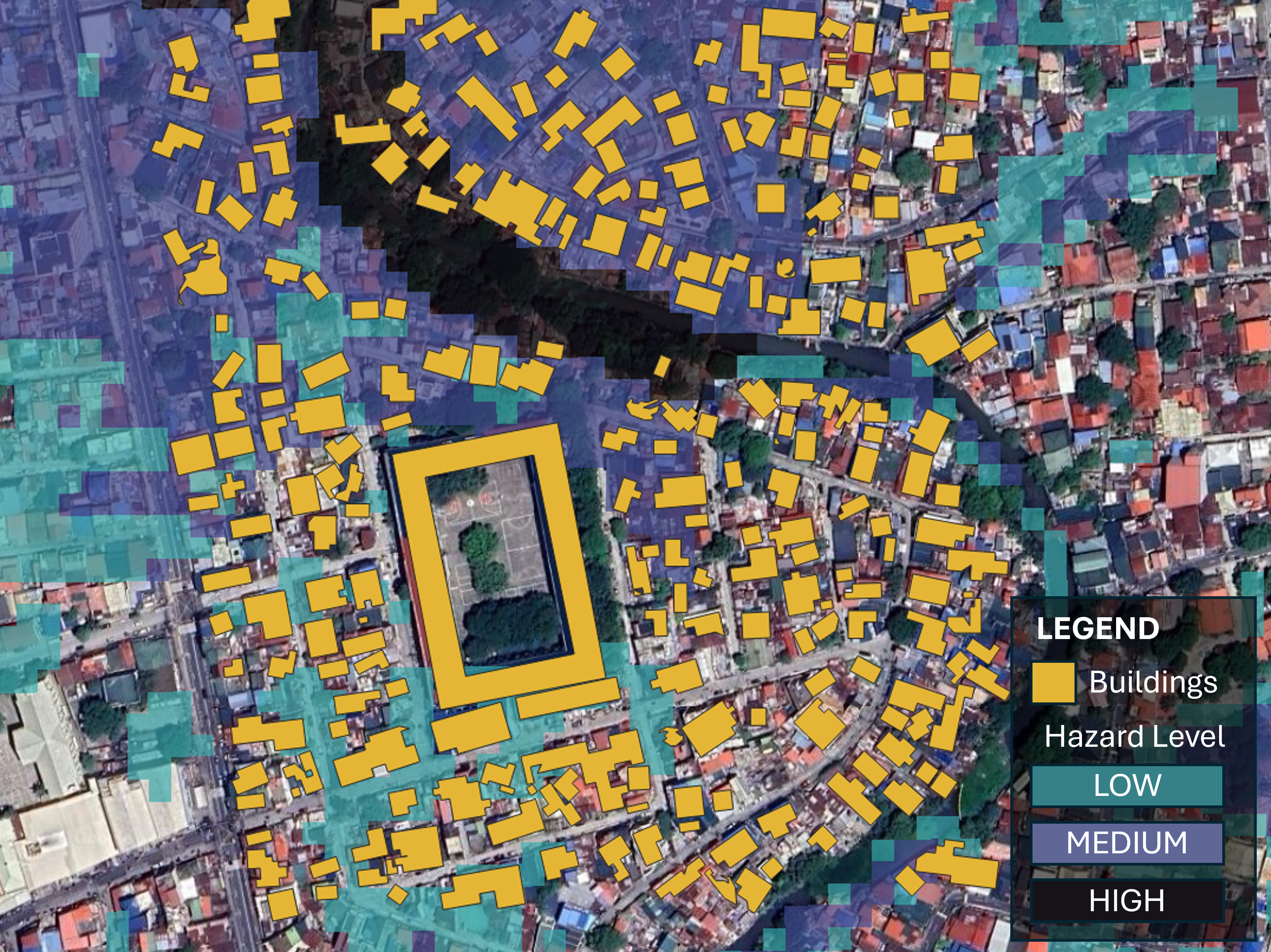 Example exposure map showing asset overlay with hazard layers